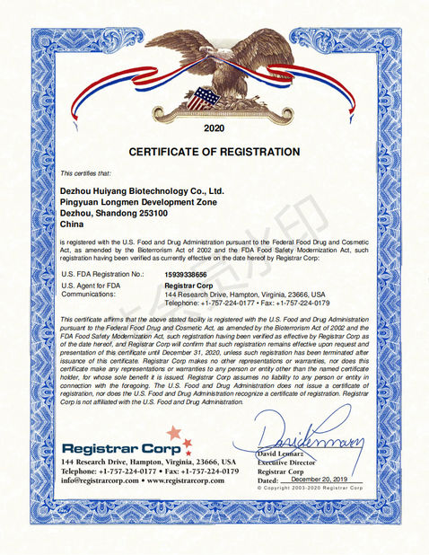 China Dezhou Huiyang Biotechnology Co., Ltd Certification
